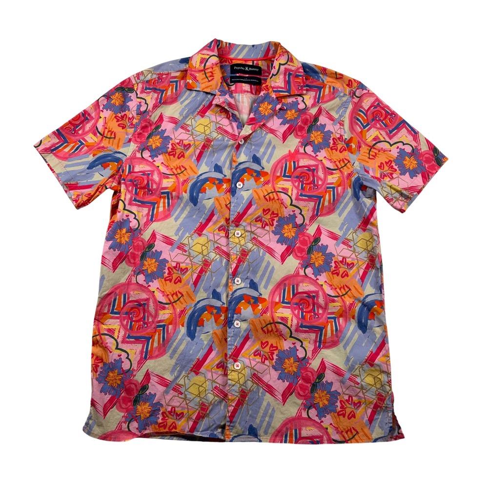 Psycho Bunny Shirt Mens Small Loop Collar Camp Abstract Floral Geometric Button